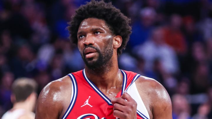 Apr 20, 2024; New York, New York, USA; Philadelphia 76ers center Joel Embiid (21) during game one of