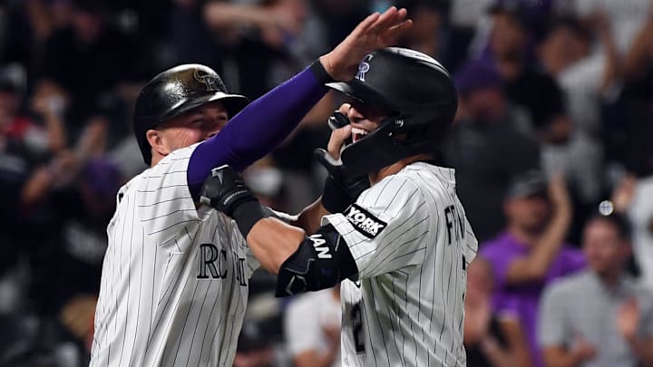 Aug 16, 2025; Denver, Colorado, USA; Colorado Rockies outfielder Tyler Freeman (2) celebrates after hitting a two-run home run during the eighth inning against the Arizona Diamondbacks at Coors Field Aug 16, 2025; Denver, Colorado, USA; Colorado Rockies outfielder Tyler Freeman (2) celebrates after hitting a two-run home run during the eighth inning against the Arizona Diamondbacks at Coors Field