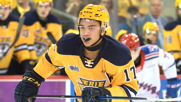 Erie Otters forward Malcolm Spence skates during an Ontario Hockey League Western Conference quarterfinal game against the Kitchener Rangers at Erie Insurance Arena in Erie on April 2, 2024.