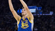 Mar 10, 2025; San Francisco, California, USA; Golden State Warriors center Quinten Post (21) takes a three-point shot against the Portland Trail Blazers during the second quarter at Chase Center. Mandatory Credit: John Hefti-Imagn Images