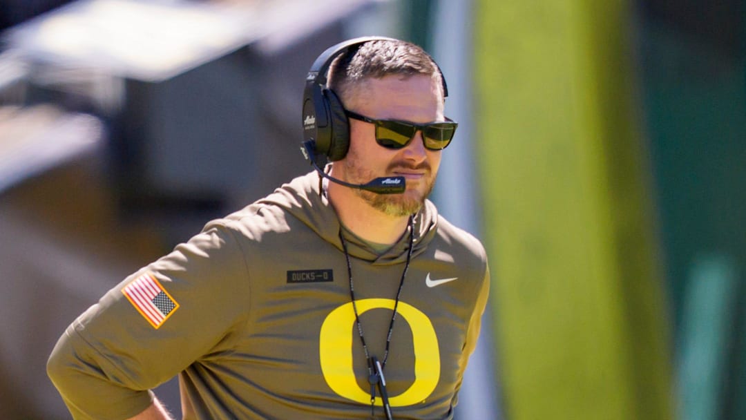 Oregon head coach Dan Lanning looks on during the Oregon Ducks annual spring game on April 25, 2026 at Autzen Stadium in Eugene, Oregon.