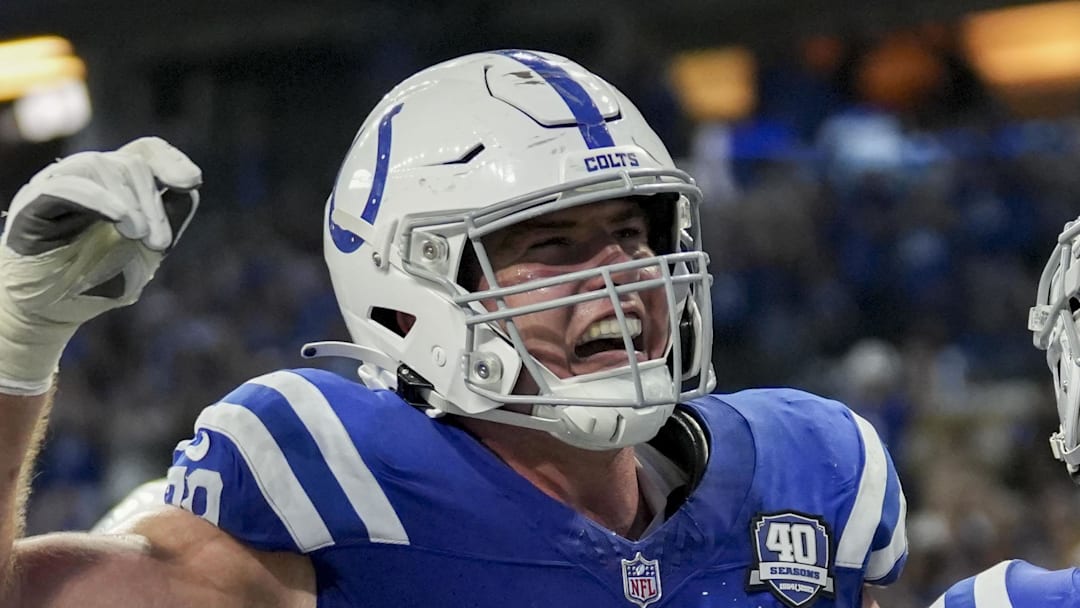 Indianapolis Colts offensive tackle Bernhard Raimann celebrates