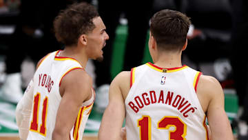 Trae Young #11 and Bogdan Bogdanovic #13 of the Atlanta Hawks