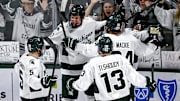 Michigan State celebrates a goal by Tommi Mannisto during the third period in the game against New Hampshire on Thursday, Oct. 9, 2025, at Munn Ice Arena in East Lansing.