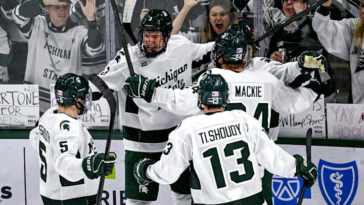 Michigan State celebrates a goal by Tommi Mannisto during the third period in the game against New Hampshire on Thursday, Oct. 9, 2025, at Munn Ice Arena in East Lansing. Michigan State celebrates a goal by Tommi Mannisto during the third period in the game against New Hampshire on Thursday, Oct. 9, 2025, at Munn Ice Arena in East Lansing.