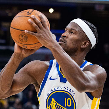 Nov 1, 2025; Indianapolis, Indiana, USA;  Golden State Warriors forward Jimmy Butler III (10) shoots the ball in the first half  against the Indiana Pacers at Gainbridge Fieldhouse. Mandatory Credit: Trevor Ruszkowski-Imagn Images