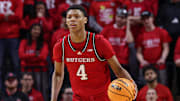 Jan 9, 2025; Piscataway, New Jersey, USA; Rutgers Scarlet Knights guard Ace Bailey (4) dribbles up court during the second half against the Purdue Boilermakers at Jersey Mike's Arena. Mandatory Credit: Vincent Carchietta-Imagn Images