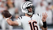 Cincinnati Bengals quarterback Joe Flacco (16) throws a pass in the fourth quarter of the NFL Week 7 game between the Cincinnati Bengals and the Pittsburgh Steelers at Paycor Stadium in downtown Cincinnati on Thursday, Oct. 16, 2025. The Bengals won, 33-31.
