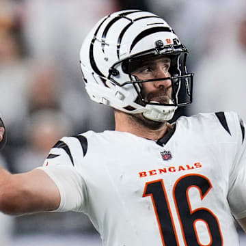 Cincinnati Bengals quarterback Joe Flacco (16) throws a pass in the fourth quarter of the NFL Week 7 game between the Cincinnati Bengals and the Pittsburgh Steelers at Paycor Stadium in downtown Cincinnati on Thursday, Oct. 16, 2025. The Bengals won, 33-31.