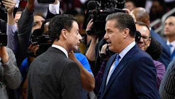 Dec 21, 2016; Louisville, KY, USA;  Louisville Cardinals head coach Rick Pitino shakes hands with Kentucky Wildcats head coach John Calipari before the first half at KFC Yum! Center. Louisville defeated Kentucky 73-70.  Mandatory Credit: Jamie Rhodes-Imagn Images