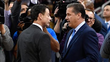 Dec 21, 2016; Louisville, KY, USA;  Louisville Cardinals head coach Rick Pitino shakes hands with Kentucky Wildcats head coach John Calipari before the first half at KFC Yum! Center. Louisville defeated Kentucky 73-70.  Mandatory Credit: Jamie Rhodes-Imagn Images
