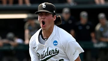 Wright State pitcher Griffen Paige (36) reacts after Vanderbilt's R.J. Austin made the third out with bases loaded during the fifth inning of the Nashville Regional NCAA Baseball Tournament elimination game at Hawkins Field Sunday, June 1, 2025, in Nashville, Tenn.