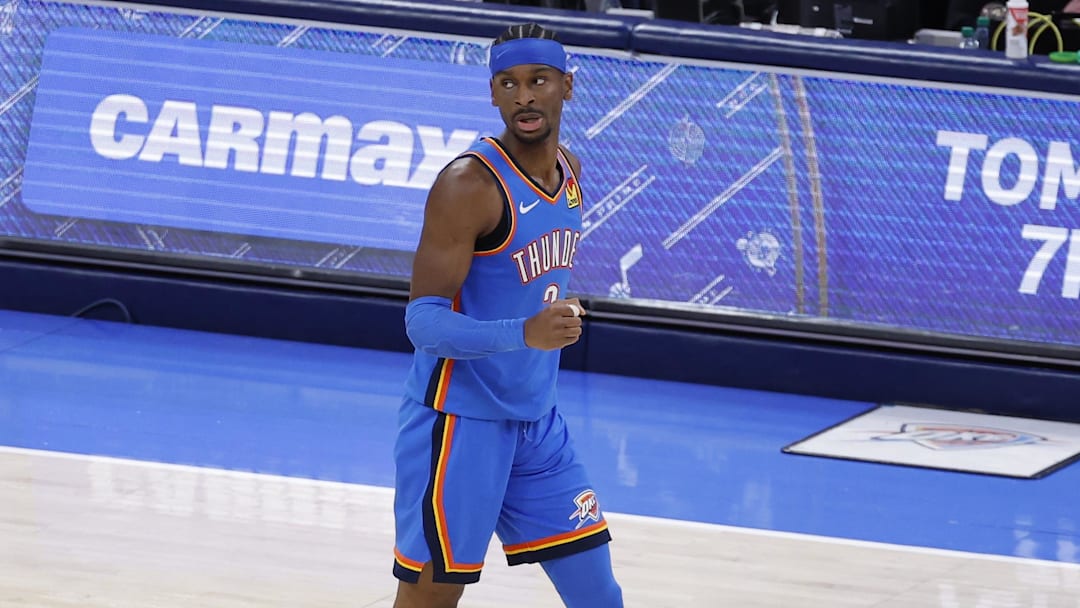 Mar 12, 2026; Oklahoma City, Oklahoma, USA; Oklahoma City Thunder guard Shai Gilgeous-Alexander (2) reacts after scoring a basket against the Boston Celtics at Paycom Center to pass Wilt Chamberlain with the most consecutive 20 points in a game. Mandatory Credit: Alonzo Adams-Imagn Images