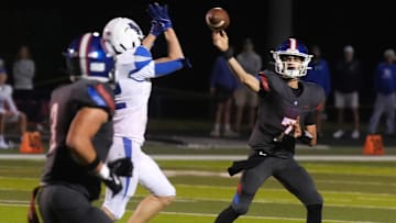 Christian Academy-Louisville’s Jackson Burke throws a complete pass to Jeffrey Vazzana against Lexington Christian Friday night.
Sept. 5, 2025