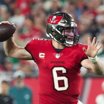Jan 15, 2024; Tampa, Florida, USA; Tampa Bay Buccaneers quarterback Baker Mayfield (6) throws against the Philadelphia Eagles during the first half of a 2024 NFC wild card game at Raymond James Stadium. Mandatory Credit: Kim Klement Neitzel-USA TODAY Sports