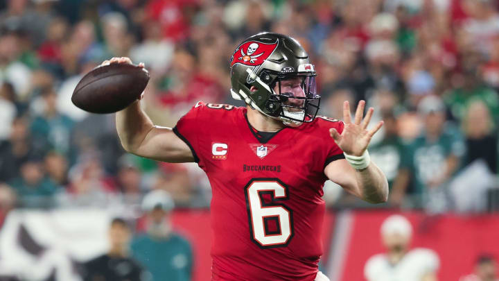 Jan 15, 2024; Tampa, Florida, USA; Tampa Bay Buccaneers quarterback Baker Mayfield (6) throws against the Philadelphia Eagles during the first half of a 2024 NFC wild card game at Raymond James Stadium. Mandatory Credit: Kim Klement Neitzel-USA TODAY Sports