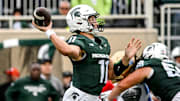 Michigan State's Alessio Milivojevic throws a pass against UCLA during the third quarter on Saturday, Oct. 11, 2025, at Spartan Stadium in East Lansing.