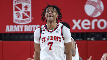 Jan 4, 2025; Queens, New York, USA;  St. John's basketball guard Simeon Wilcher (7) reacts after a foul call in the second half against the Butler Bulldogs at Carnesecca Arena.