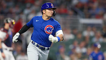Sep 26, 2023; Atlanta, Georgia, USA; Chicago Cubs right fielder Seiya Suzuki (27) hits a two-run