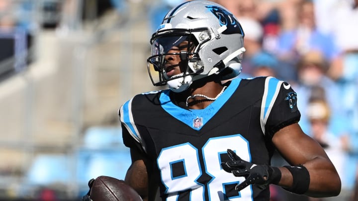 Oct 29, 2023; Charlotte, North Carolina, USA; Carolina Panthers wide receiver Terrace Marshall Jr. (88) after making a catch in the second quarter at Bank of America Stadium.