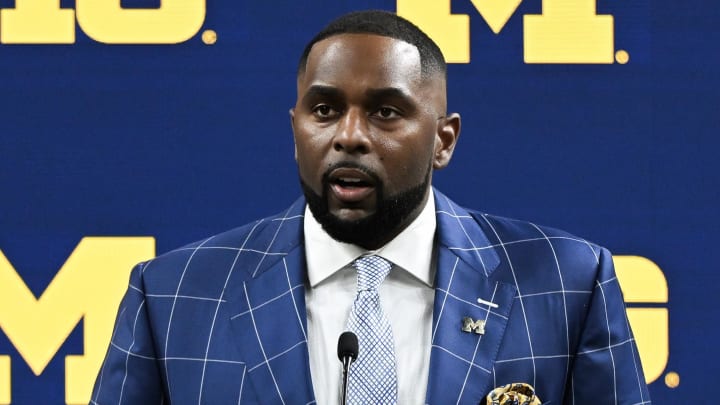 Jul 25, 2024; Indianapolis, IN, USA; Michigan Wolverines head coach Sherrone Moore speaks to the media during the Big 10 football media day at Lucas Oil Stadium. Mandatory Credit: Robert Goddin-USA TODAY Sports