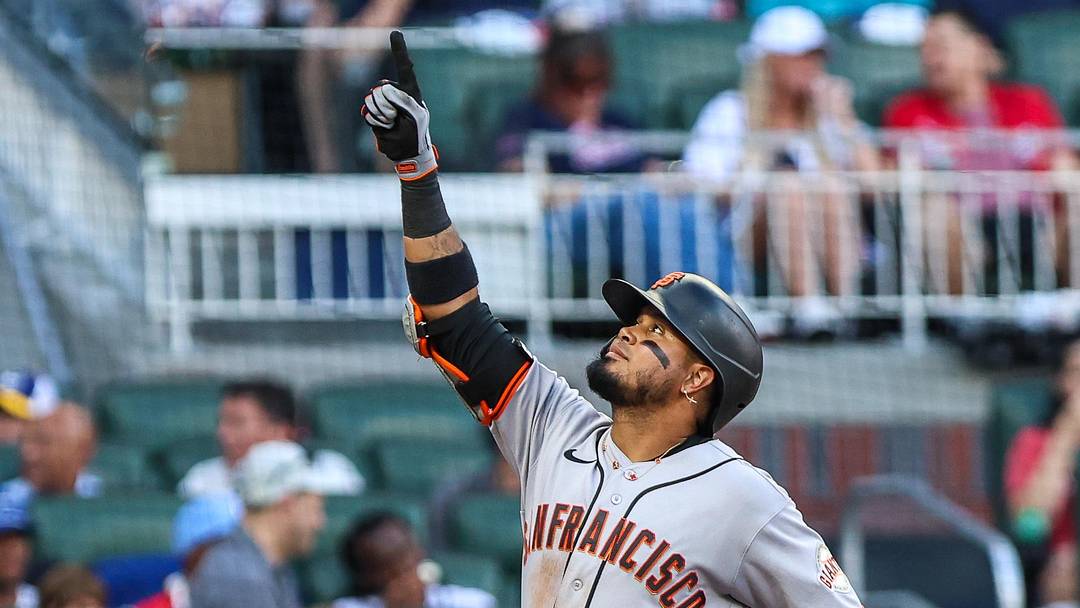 Cumberland, Georgia, USA; San Francisco Giants second baseman Luis Arraez (1) celebrates a home run against the Atlanta Braves during the second inning at Truist Park. Mandatory Credit: Jordan Godfree-Imagn Images