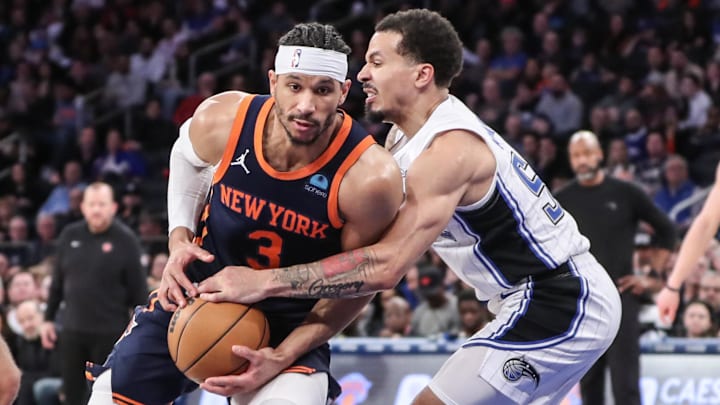 New York Knicks guard Josh Hart (3) looks to drive past Orlando Magic guard Cole Anthony (50) in the fourth quarter at Madison Square Garden. 