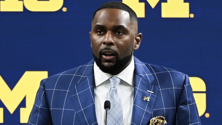 Jul 25, 2024; Indianapolis, IN, USA; Michigan Wolverines head coach Sherrone Moore speaks to the media during the Big 10 football media day at Lucas Oil Stadium.