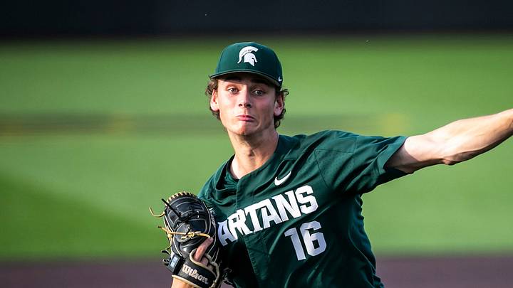Michigan State's Joseph Dzierwa delivers a pitch during a NCAA Big Ten Conference baseball game against Iowa, Friday, May 12, 2023, at Duane Banks Field in Iowa City, Iowa.