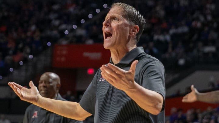 Former Arkansas head coach Eric Musselman protests a call against Florida in Gainesville, Fla. on Saturday, January 13, 2024. 