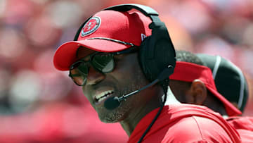 Sep 22, 2024; Tampa, Florida, USA; Tampa Bay Buccaneers head coach Todd Bowles looks on against the Denver Broncos during the first quarter at Raymond James Stadium. Mandatory Credit: Kim Klement Neitzel-Imagn Images