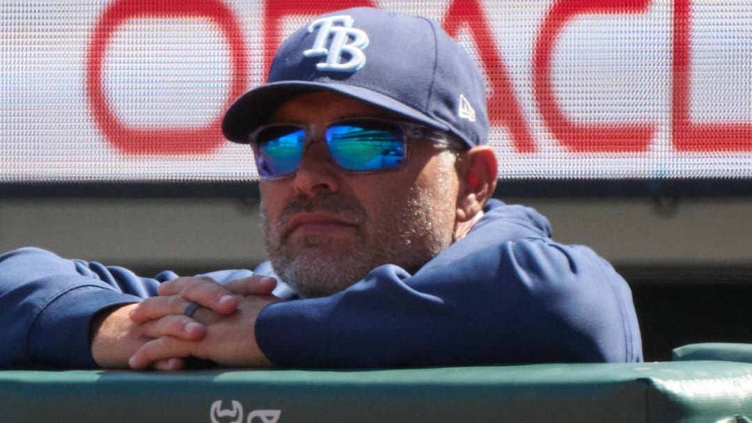 Aug 17, 2025; San Francisco, California, USA; Tampa Bay Rays manager Kevin Cash (16) looks on against the San Francisco Giants during the seventh inning at Oracle Park. 