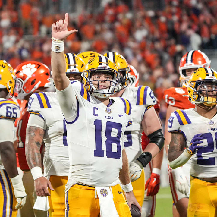 Louisiana State University quarterback Garrett Nussmeier reacts after the last snap and play after LSU beat Clemson, 17-10.