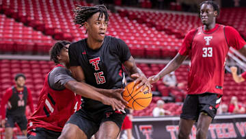 JT Toppin looks to make a move during Texas Tech basketball practice, Thursday, September 26, 2024, in United Supermarkets Arena.