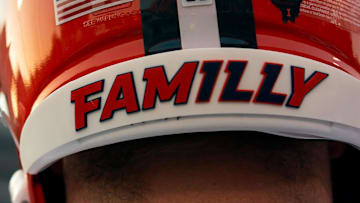 Sep 8, 2023; Lawrence, Kansas, USA; A general view of the helmet worn by Illinois Fighting Illini offensive lineman Zachary Barlev (68) during the first half against the Kansas Jayhawks at David Booth Kansas Memorial Stadium. Mandatory Credit: Jay Biggerstaff-Imagn Images
