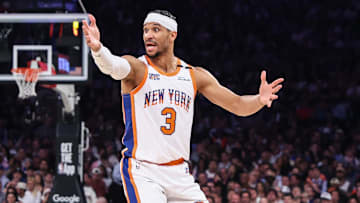 Apr 29, 2025; New York, New York, USA; New York Knicks guard Josh Hart (3) during game five of first round for the 2025 NBA Playoffs at Madison Square Garden. Mandatory Credit: Wendell Cruz-Imagn Images