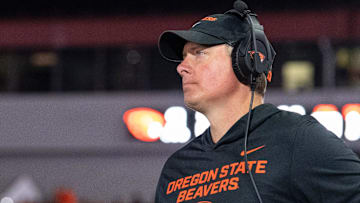 Oregon State head coach Trent Bray looks at the score during an NCAA football game against California at Reser Stadium on Saturday, Aug. 30, 2025, in Corvallis, Ore.