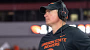Oregon State head coach Trent Bray looks at the score during an NCAA football game against California at Reser Stadium on Saturday, Aug. 30, 2025, in Corvallis, Ore.
