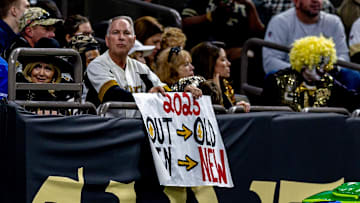 Dec 29, 2024; New Orleans, Louisiana, USA; New Orleans Saints fan shows his feelings on a sign during the game against the Las Vegas Raiders during the second half at Caesars Superdome. Mandatory Credit: Stephen Lew-Imagn Images