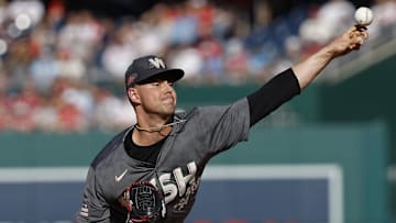 Sep 28, 2024; Washington, District of Columbia, USA; Washington Nationals starting pitcher MacKenzie Gore (1) pitches against the Philadelphia Phillies during the first inning at Nationals Park. 