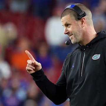 Dec 20, 2024; Tampa, FL, USA; Florida Gators head coach Billy Napier against the Tulane Green Wave during the second half at Raymond James Stadium. Mandatory Credit: Kim Klement Neitzel-Imagn Images