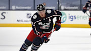 Mar 25, 2021; Columbus, Ohio, USA; Columbus Blue Jackets right wing Cam Atkinson (13) skates with the puck against the Carolina Hurricanes during the third period at Nationwide Arena. Mandatory Credit: Russell LaBounty-Imagn Images