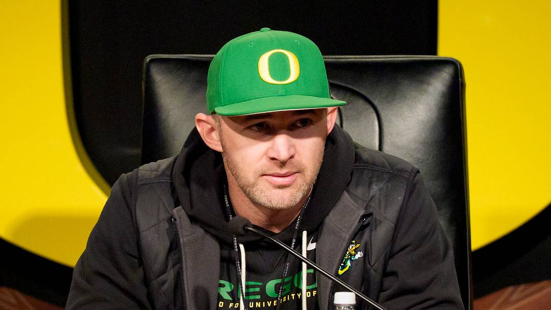 Oregon offensive coordinator Drew Mehringer during a press conference on March 14, 2026, in Eugene, Oregon.
