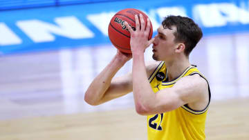 Michigan Wolverines guard Franz Wagner (21) misses a shot in the final seconds while down one point against UCLA during the Elite Eight round of the 2021 NCAA Tournament on Tuesday, March 30, 2021, at Lucas Oil Stadium in Indianapolis, Ind. Mandatory Credit: Mykal McEldowney/IndyStar via USA TODAY Sports