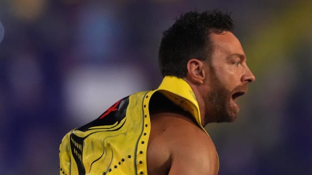 LA Knight enters the arena during the WWE Royal Rumble at the Alamodome.