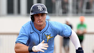 Mar 3, 2024; North Port, Florida, USA;   Tampa Bay Rays left fielder Jake Mangum (72)  heads for third base in the third inning of the spring training game against the Pittsburgh Pirates  at CoolToday Park. Mandatory Credit: Jonathan Dyer-Imagn Images