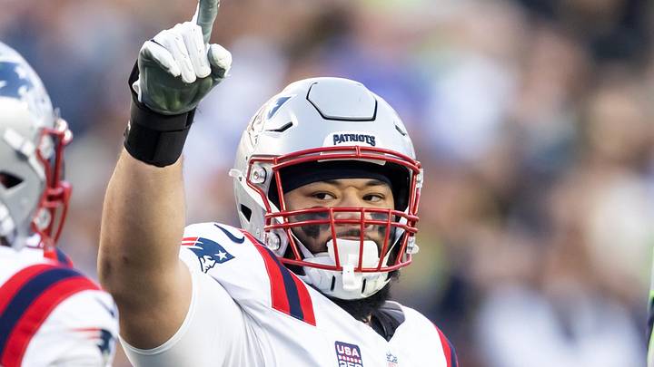 Feb 8, 2026; Santa Clara, CA, USA; New England Patriots defensive tackle Khyiris Tonga (95) against the Seattle Seahawks during Super Bowl LX at Levi's Stadium. Mandatory Credit: Mark J. Rebilas-Imagn Images