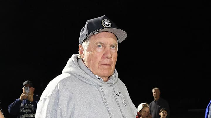 North Carolina head football coach Bill Belichick at the Tabor Academy vs. Milton Academy game on Friday, Sept. 26, 2025. North Carolina head football coach Bill Belichick at the Tabor Academy vs. Milton Academy game on Friday, Sept. 26, 2025.