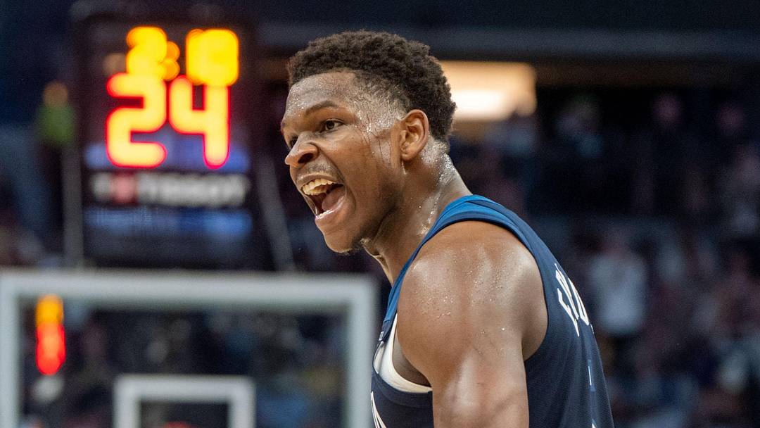 Apr 27, 2025; Minneapolis, Minnesota, USA; Minnesota Timberwolves guard Anthony Edwards (5) celebrates while looking to the Los Angeles Lakers bench in the second quarter during game four of first round for the 2025 NBA Playoffs at Target Center. Mandatory Credit: Matt Blewett-Imagn Images
