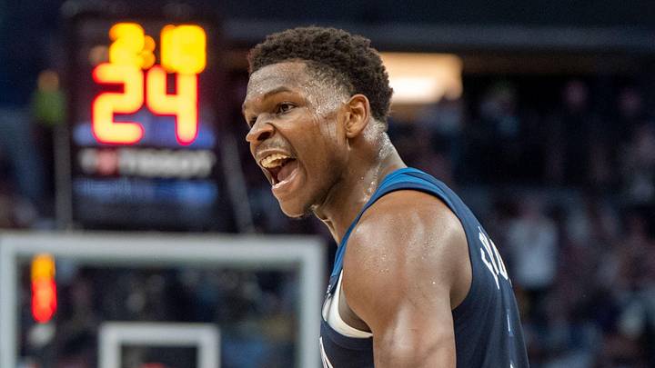 Apr 27, 2025; Minneapolis, Minnesota, USA; Minnesota Timberwolves guard Anthony Edwards (5) celebrates while looking to the Los Angeles Lakers bench in the second quarter during game four of first round for the 2025 NBA Playoffs at Target Center. Mandatory Credit: Matt Blewett-Imagn Images